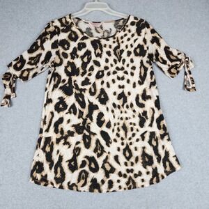 AMANA Blouse Top Womens Medium Brown Leopard Print Stretch Tie Sleeve Round Neck